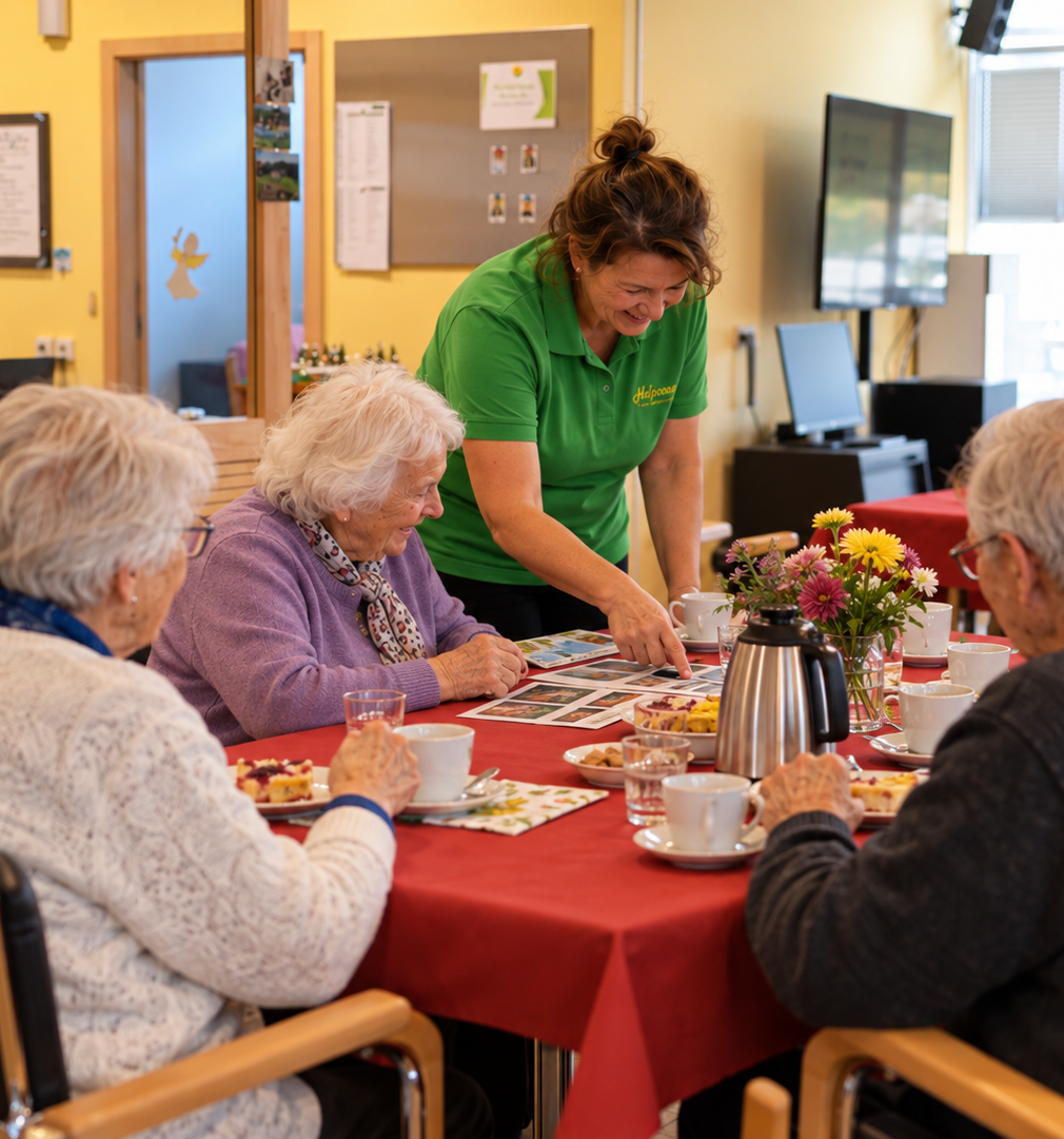 Mitarbeiterin der Helpona Tagespflege bei einer gemeinsamen Aktivität mit Seniorinnen und Senioren