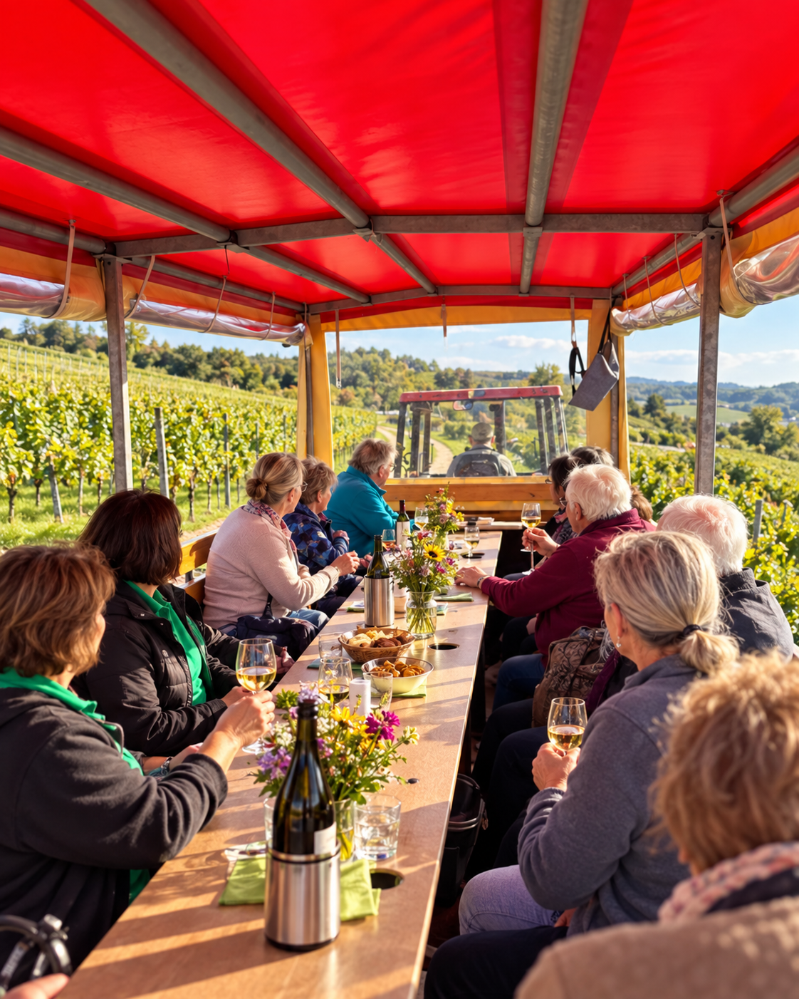 Gäste der Helpona Tagespflege bei einer gemeinsamen Planwagenfahrt durch die Weinberge