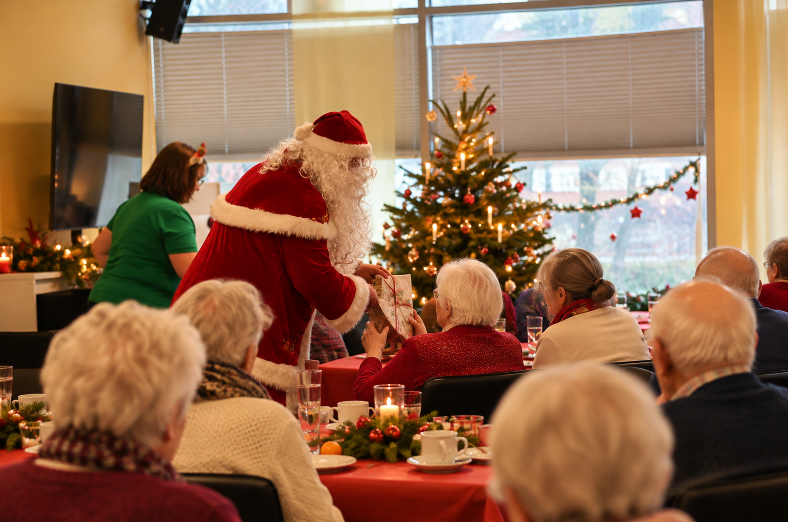 Weihnachtsfeier in der Helpona Tagespflege mit Gästen und Weihnachtsmann